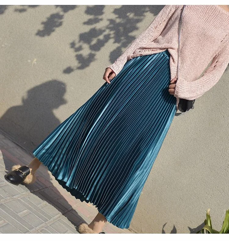 Metallic Pleated Maxi Skirts - 9 Colors - Glova