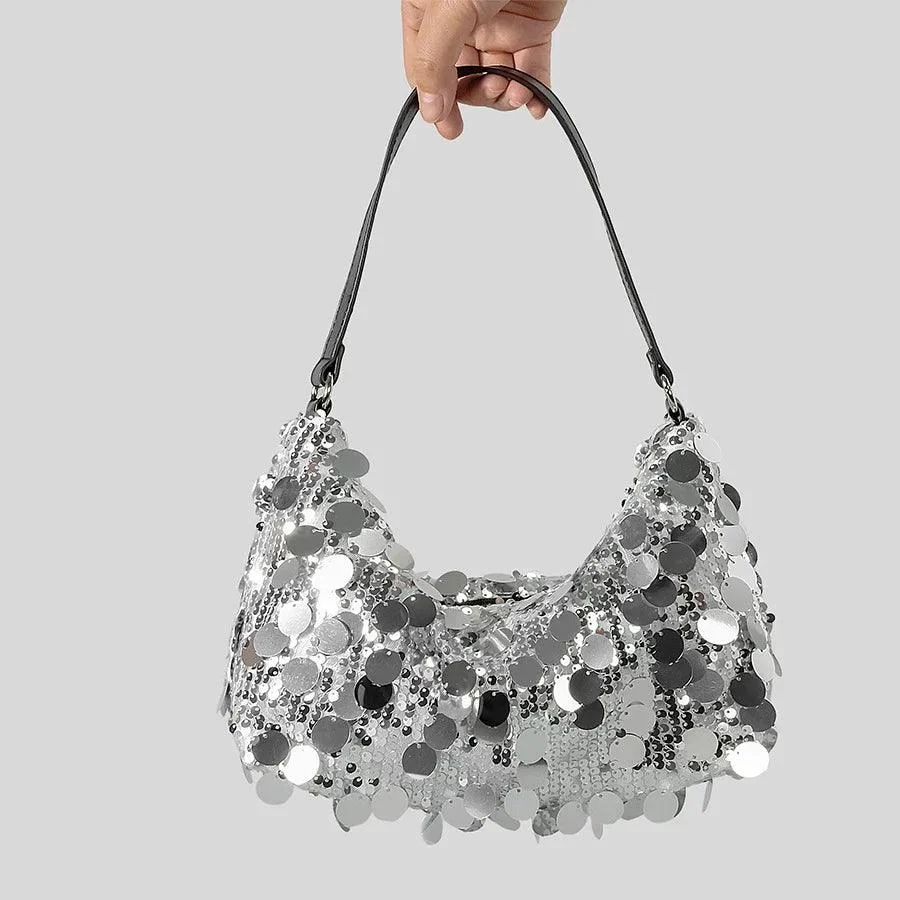 Mettalic Bling Sequins Half Moon Women Armpit Bag - Glova