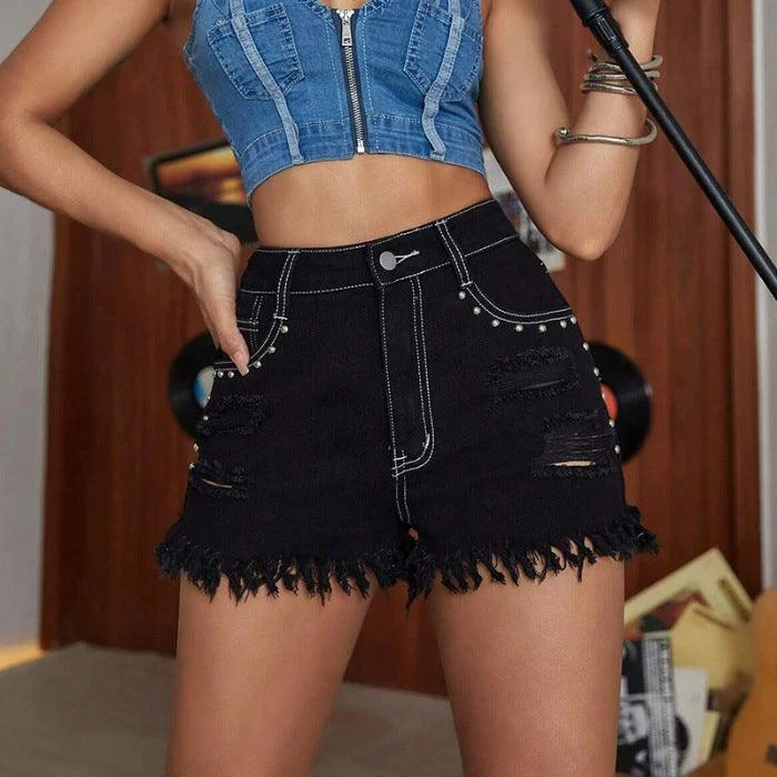 Midnight Rebel Distressed Denim Shorts - Glova