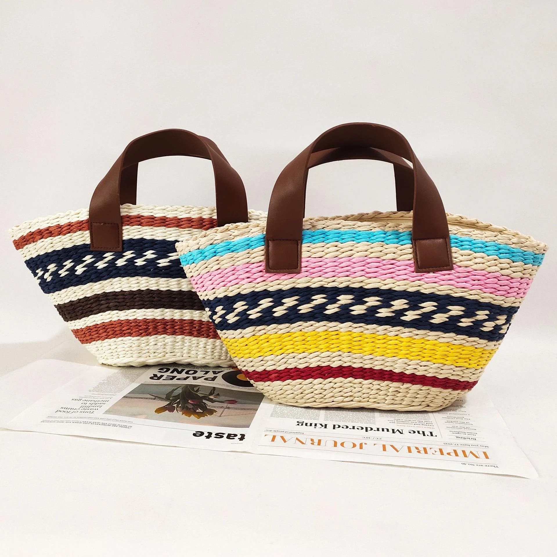 Miho Striped Bohemian Straw Baskets - Glova