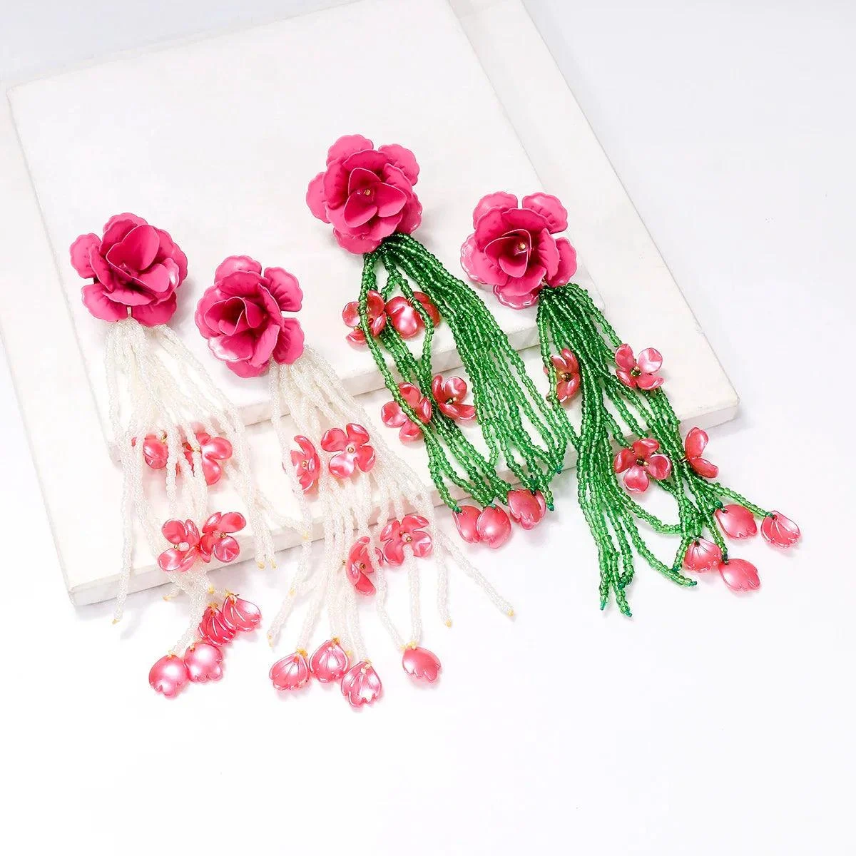 Mirabel Long Flower Beaded Tassel Earrings - Glova