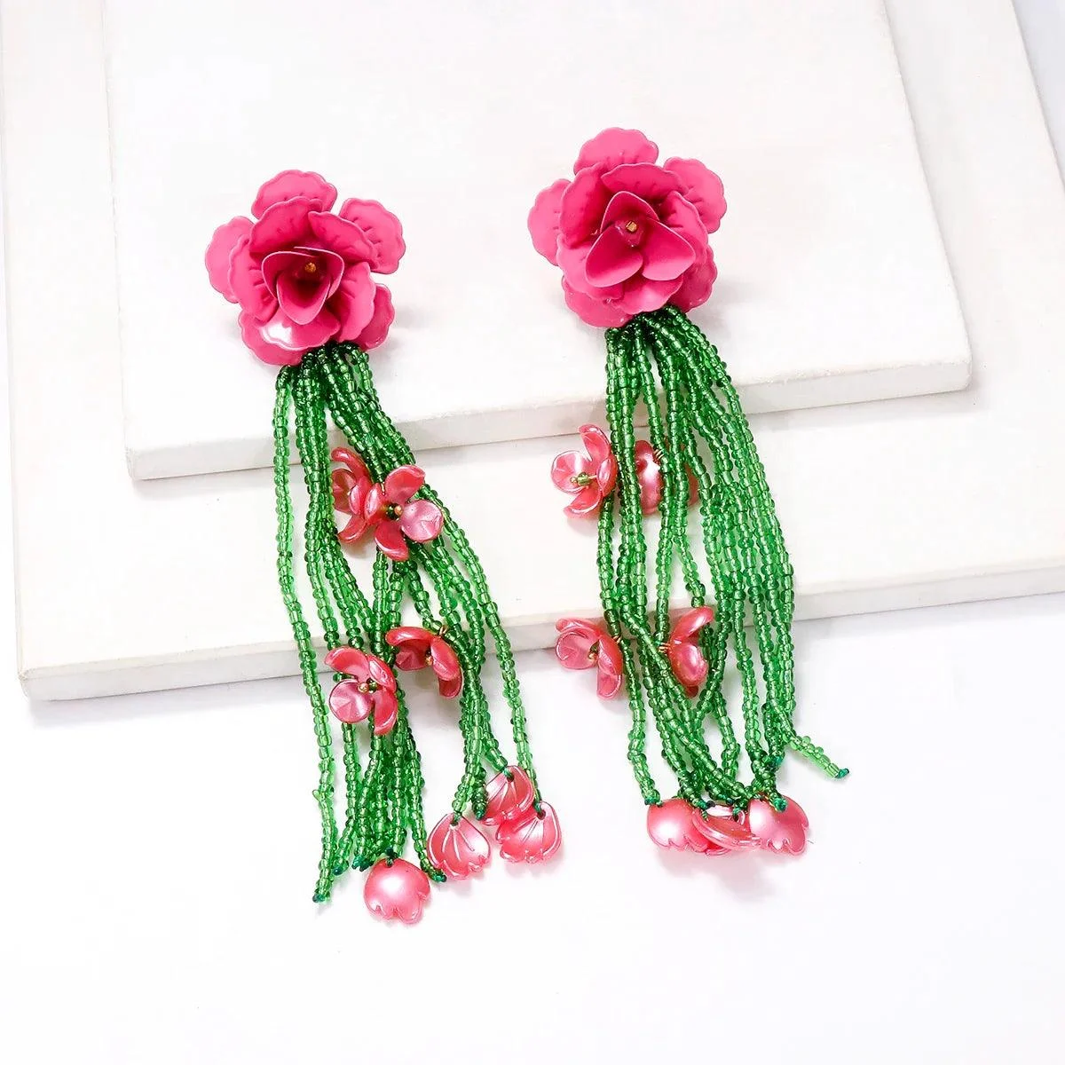 Mirabel Long Flower Beaded Tassel Earrings - Glova