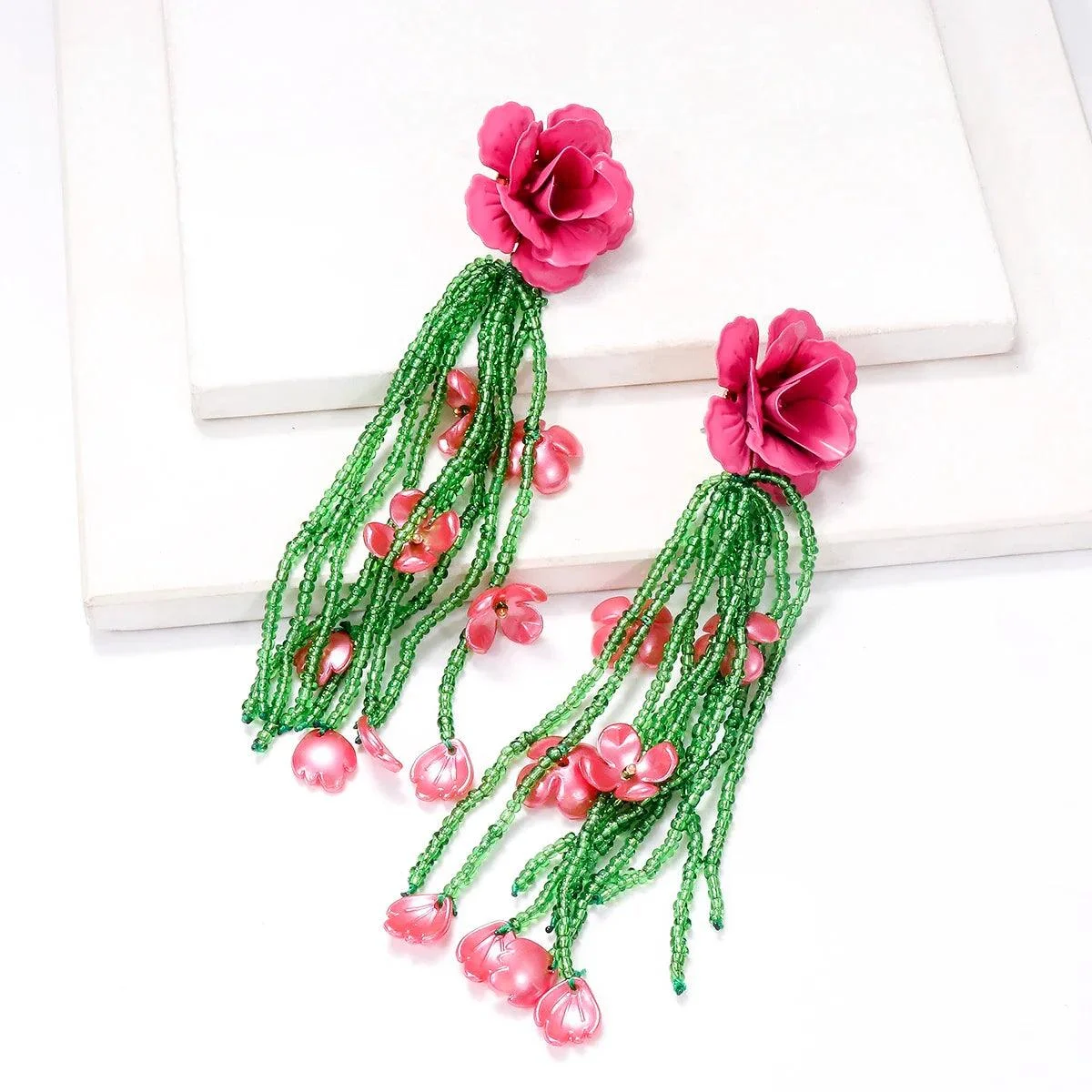 Mirabel Long Flower Beaded Tassel Earrings - Glova