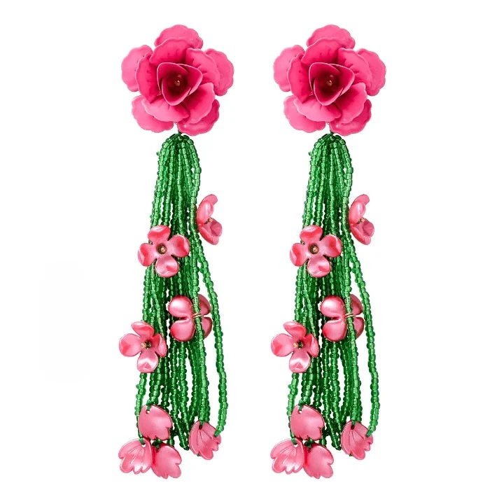 Mirabel Long Flower Beaded Tassel Earrings - Glova