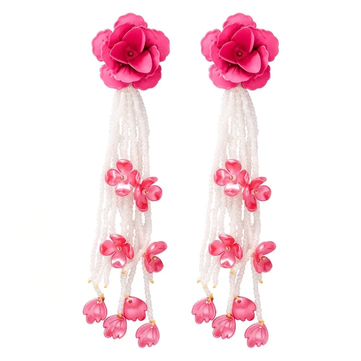 Mirabel Long Flower Beaded Tassel Earrings - Glova