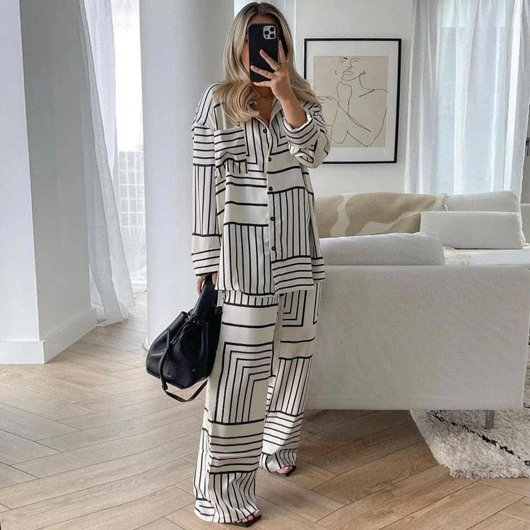 Miranda Geometry Stripe Prints Tunic Top / Pants Set - Glova