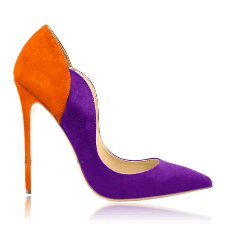 Mixed Colors Suede Leather Pump Pointed Toe High Heels Shoes - Glova