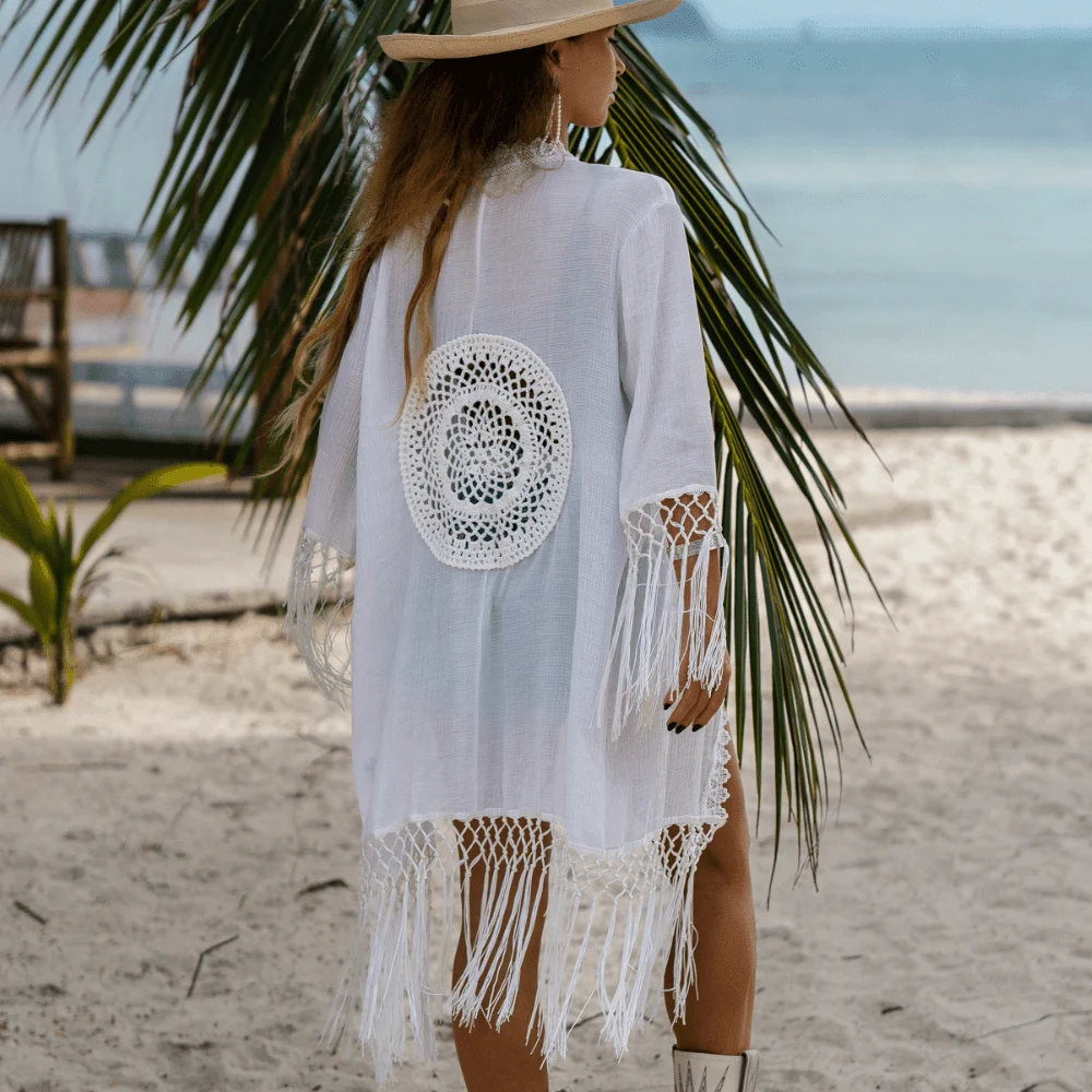 MOANA White Tassel Kimono - Glova