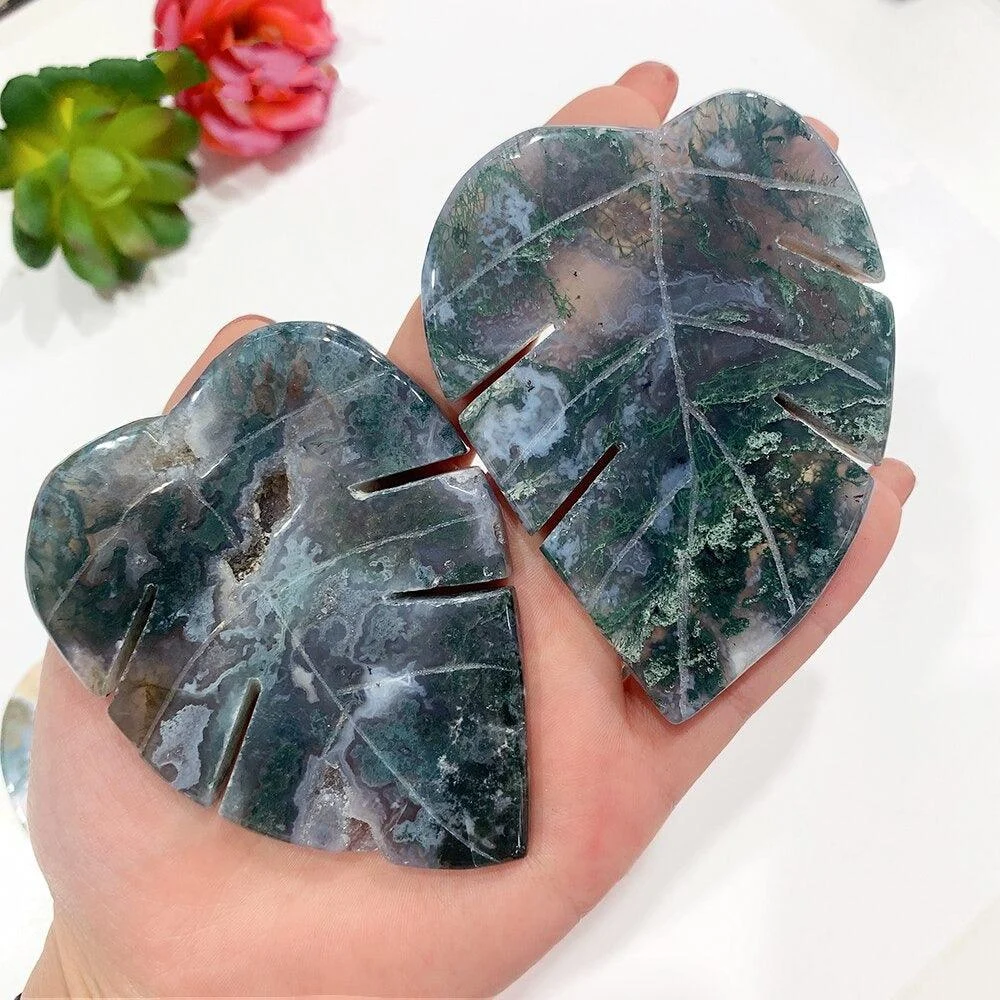 Moss Agate Leaf Shaped Crystal Carving - Glova