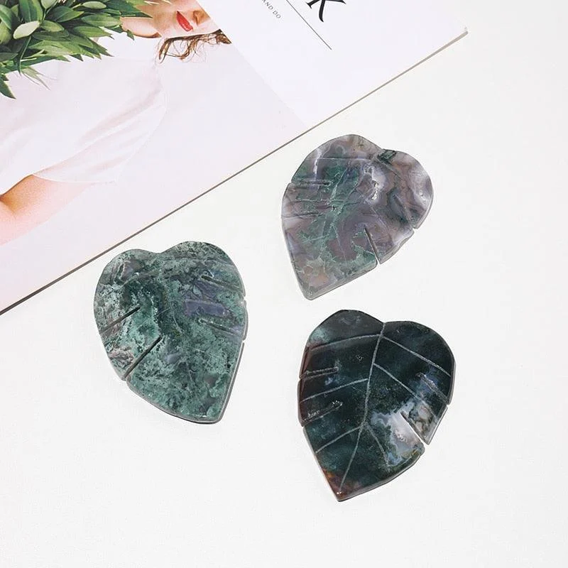 Moss Agate Leaf Shaped Crystal Carving - Glova