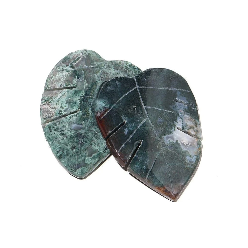 Moss Agate Leaf Shaped Crystal Carving - Glova