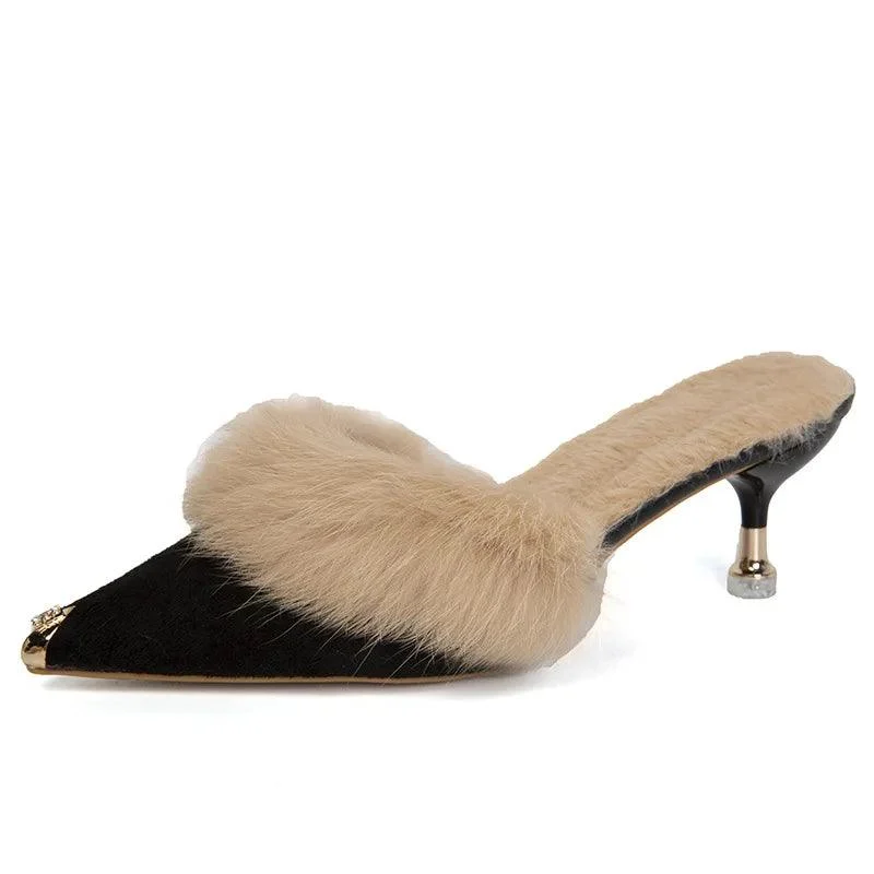 Mules Pointed Toe Women's Furry Slides Shoes - Glova