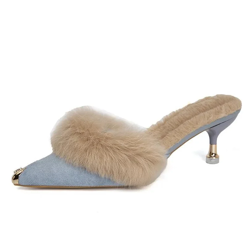 Mules Pointed Toe Women's Furry Slides Shoes - Glova