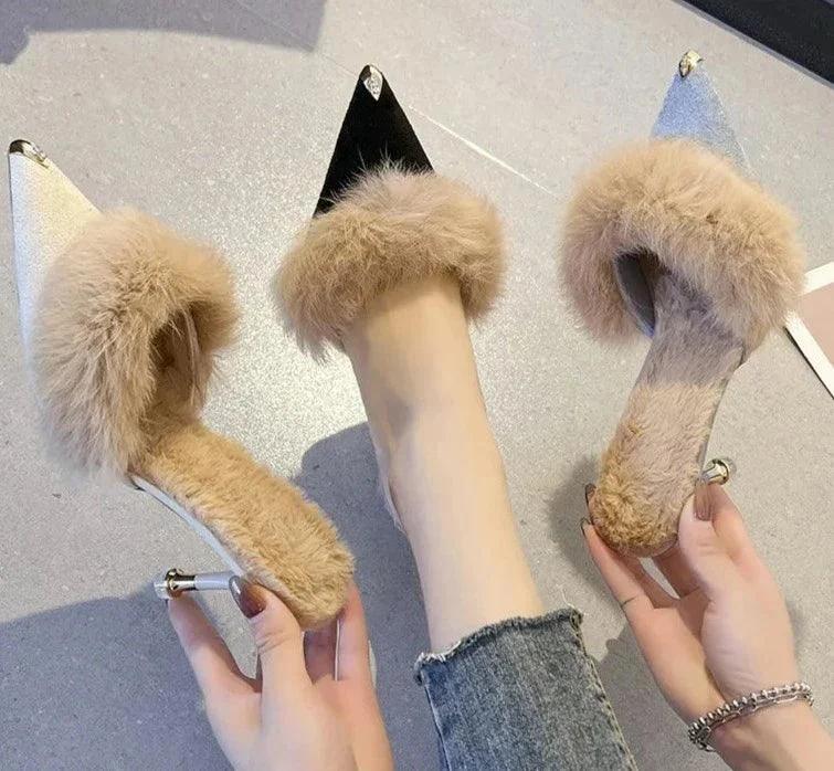 Mules Pointed Toe Women's Furry Slides Shoes - Glova