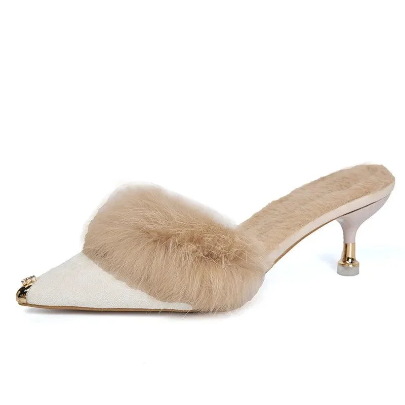 Mules Pointed Toe Women's Furry Slides Shoes - Glova