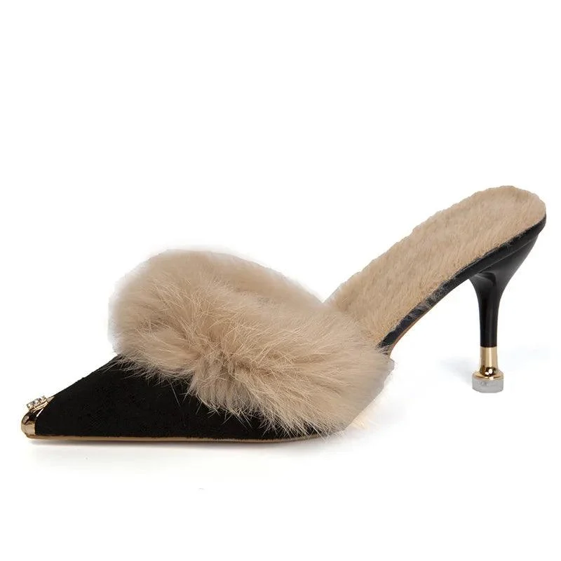 Mules Pointed Toe Women's Furry Slides Shoes - Glova