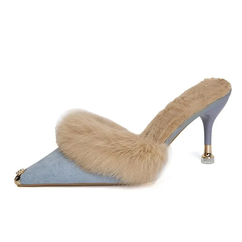 Mules Pointed Toe Women's Furry Slides Shoes - Glova