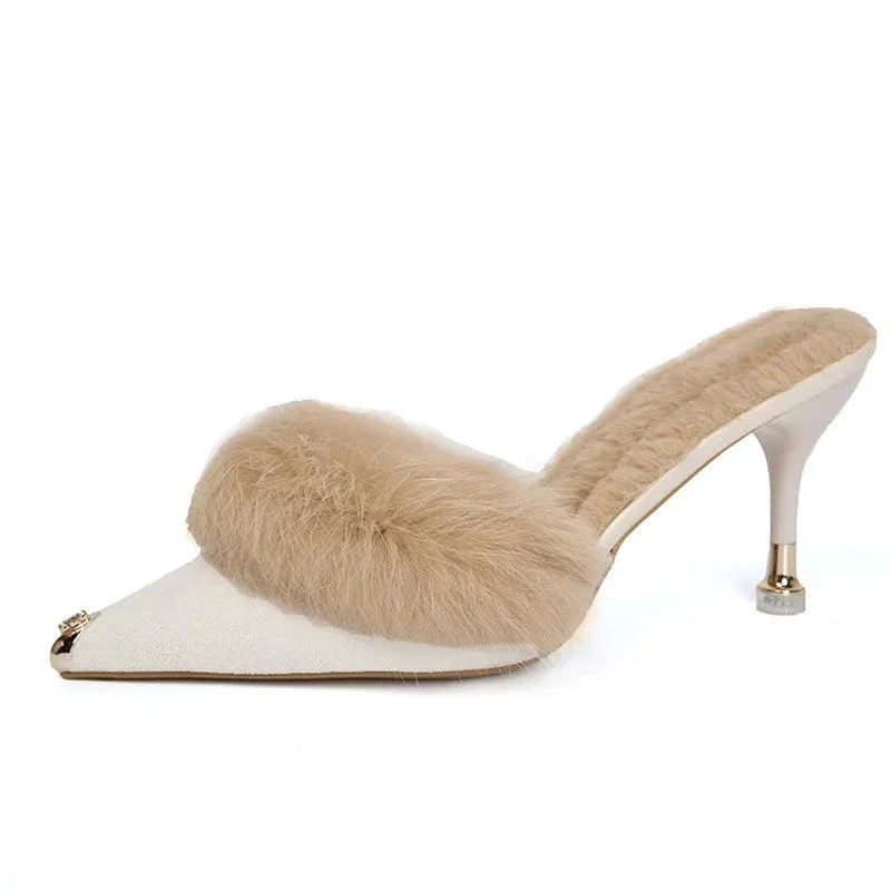 Mules Pointed Toe Women's Furry Slides Shoes - Glova