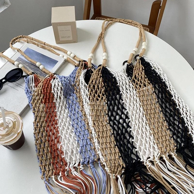 Multi-Color Striped Tassel Boho Net Bags - 2 Colors - Glova