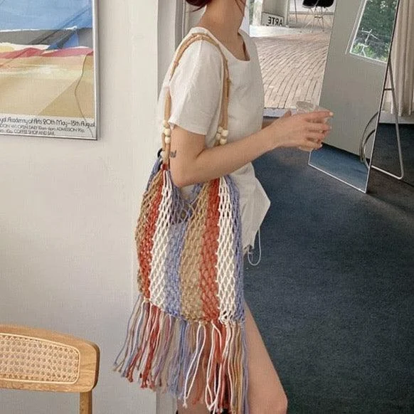 Multi-Color Striped Tassel Boho Net Bags - 2 Colors - Glova