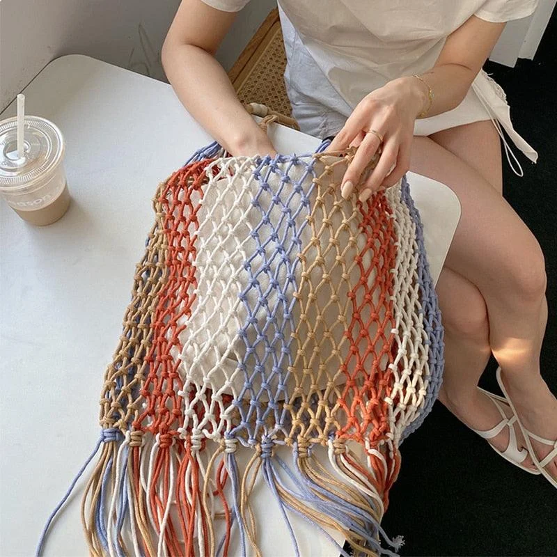 Multi-Color Striped Tassel Boho Net Bags - 2 Colors - Glova