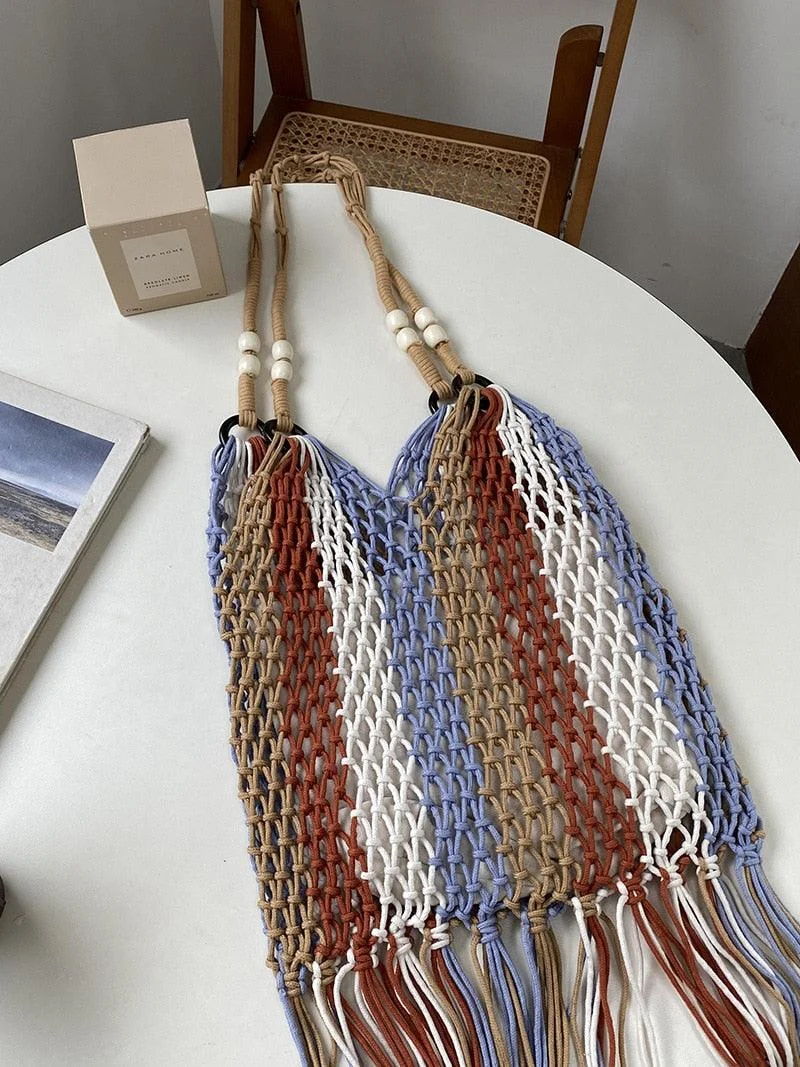 Multi-Color Striped Tassel Boho Net Bags - 2 Colors - Glova