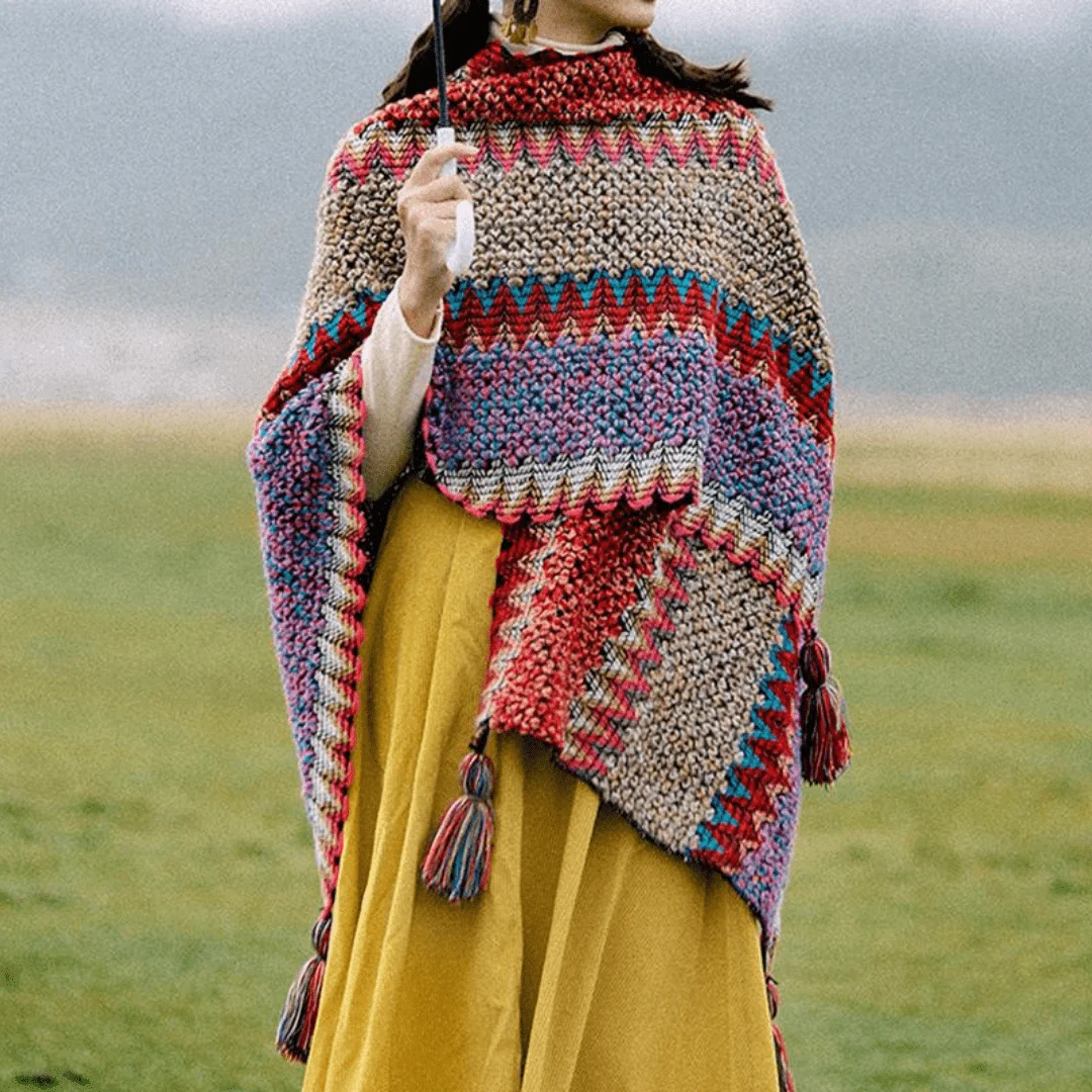 Multicolored Knitted Poncho Cape - Glova