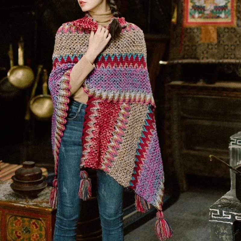 Multicolored Knitted Poncho Cape - Glova