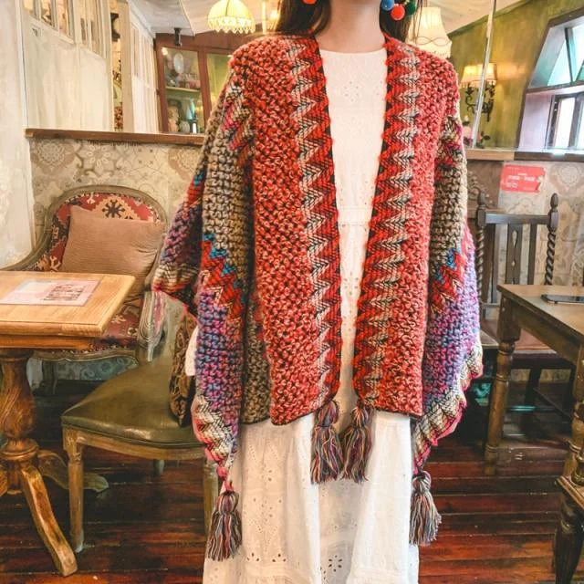 Multicolored Knitted Poncho Cape - Glova