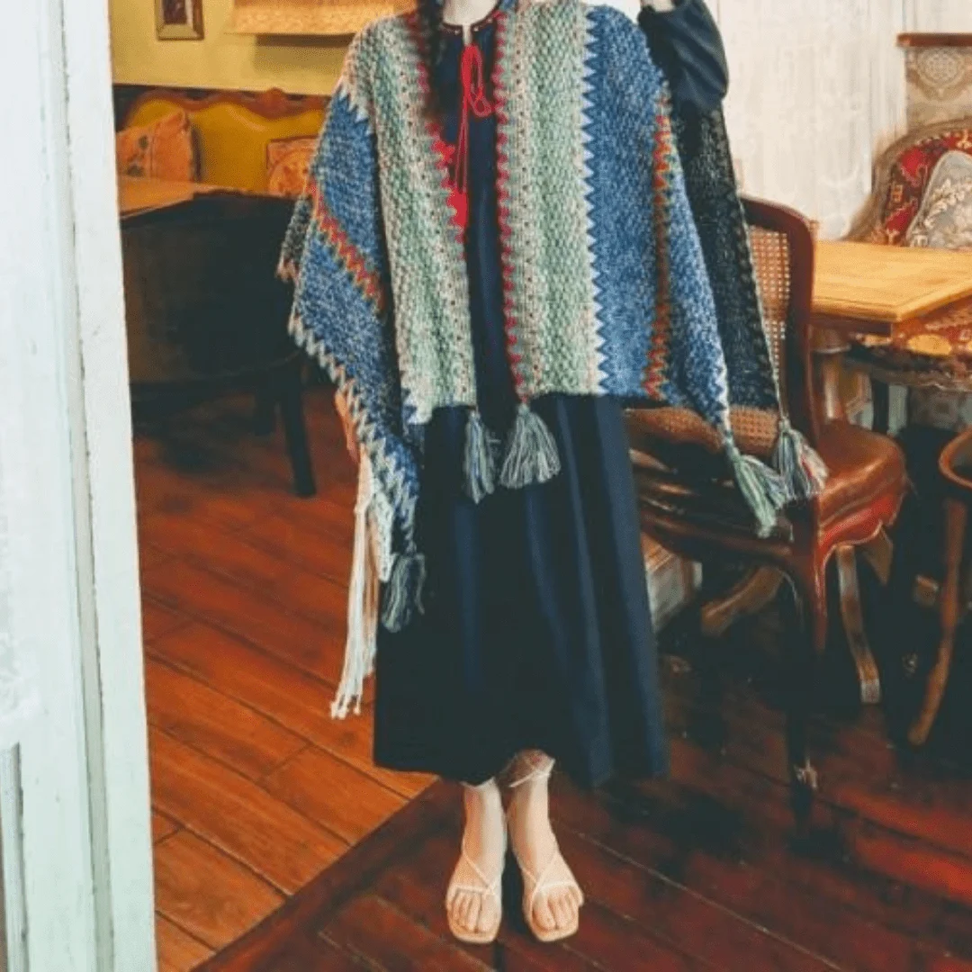 Multicolored Knitted Poncho Cape - Glova