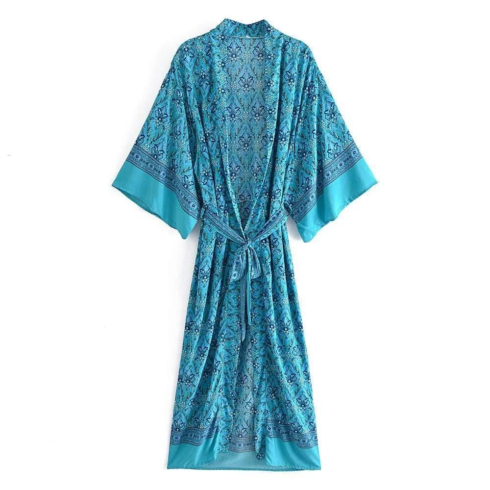 Muriel Vintage Floral Kimono In Blue - Glova