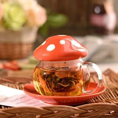 Mushroom Glass Mug with Cover & Saucer Set - Glova