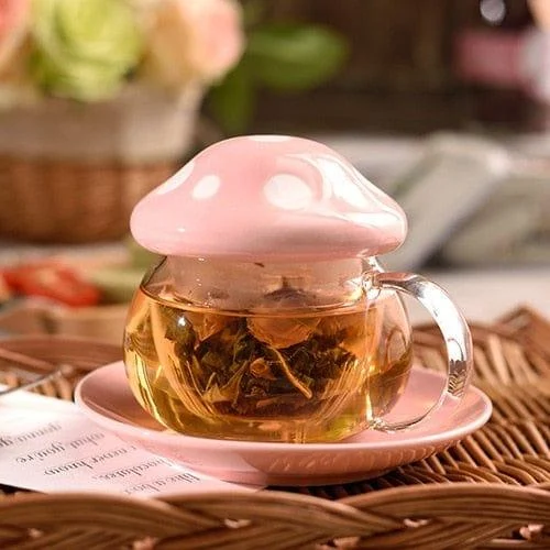 Mushroom Glass Mug with Cover & Saucer Set - Glova