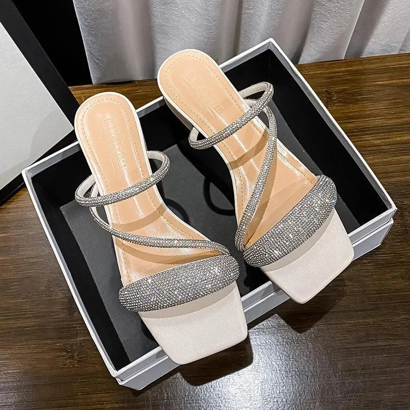 Narrow Band Low Heeled Glitter Rhinestone Sandal Shoes - Glova