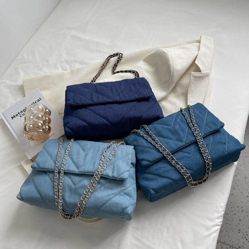 Natalia Chevron Quilted Denim Flap Bags - 3 Colors - Glova