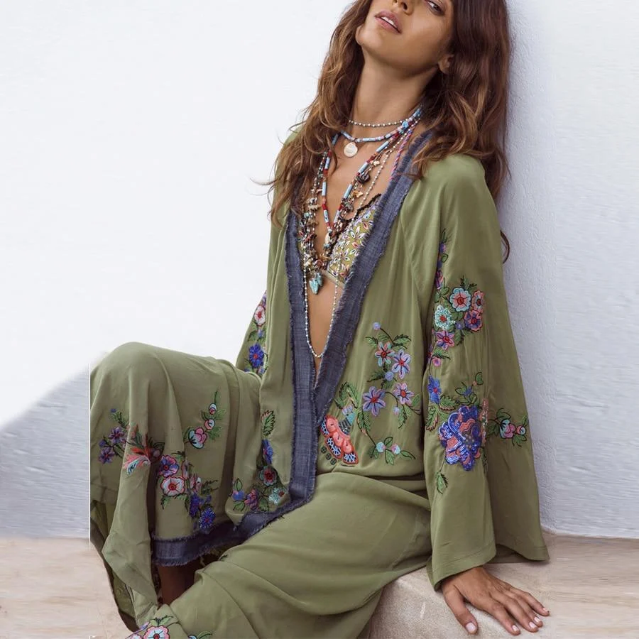 National Style Embroidered Cover-Up Kimono - Glova