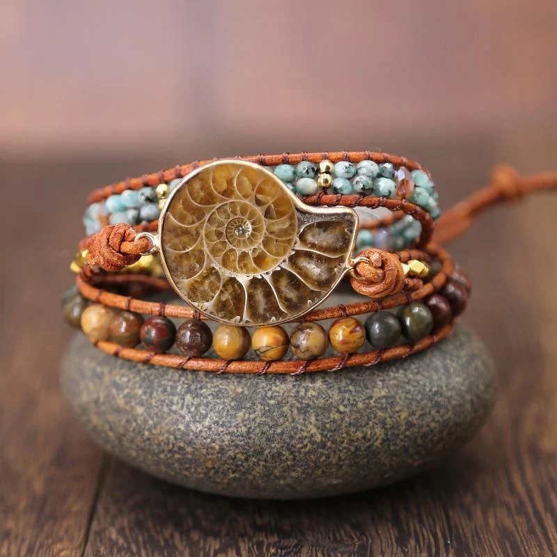 Natural Ammonite Fossil Jasper & African Turquoise Wrap Bracelet - Glova