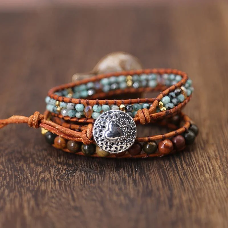 Natural Ammonite Fossil Jasper & African Turquoise Wrap Bracelet - Glova