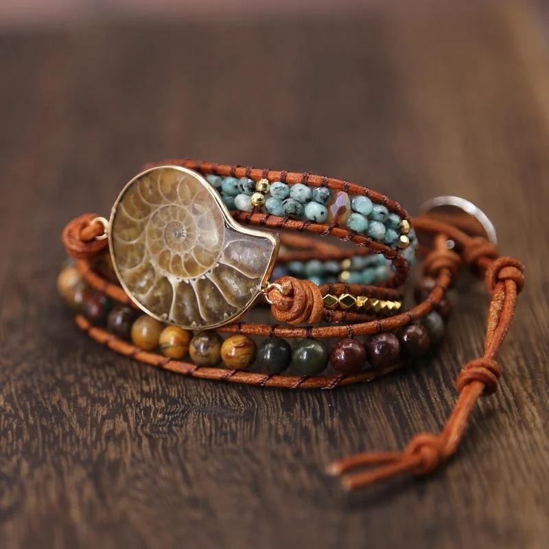 Natural Ammonite Fossil Jasper & African Turquoise Wrap Bracelet - Glova