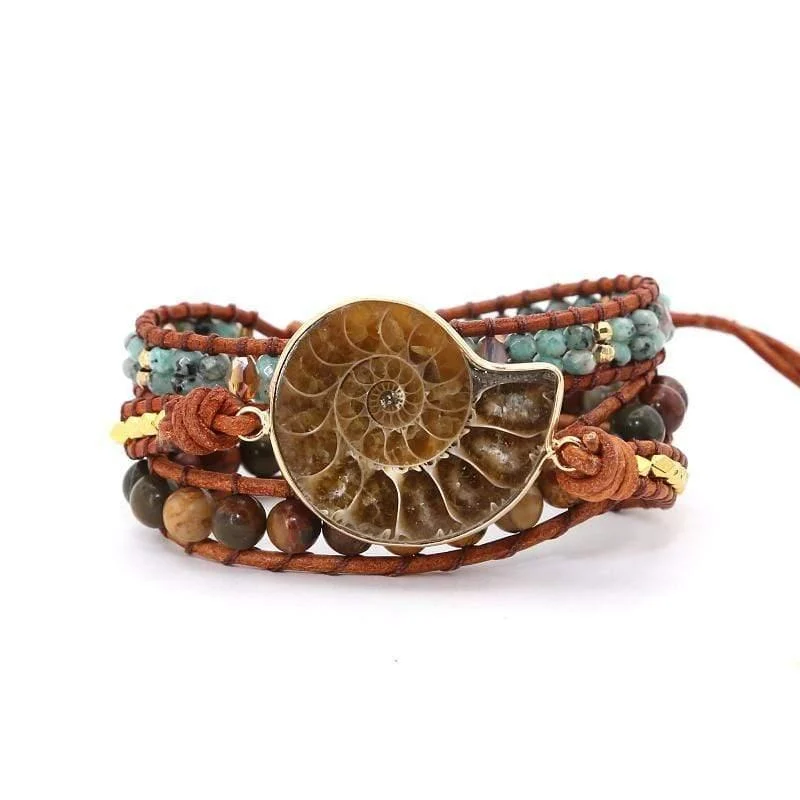 Natural Ammonite Fossil Jasper & African Turquoise Wrap Bracelet - Glova