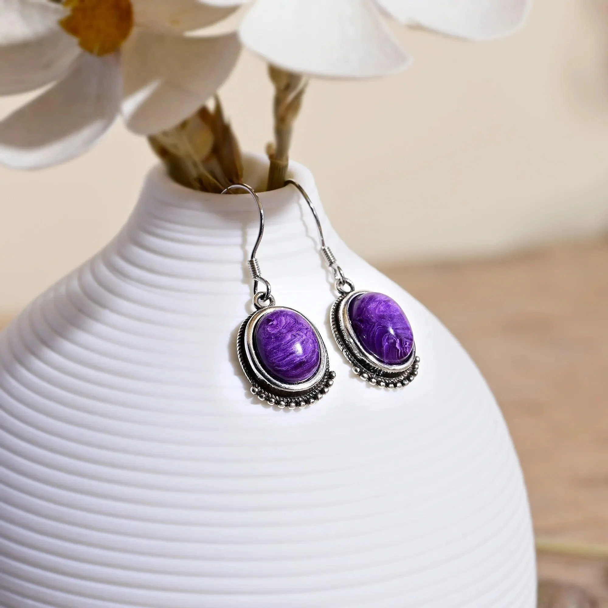 Natural Charoite Sterling Silver Drop Earrings - Glova