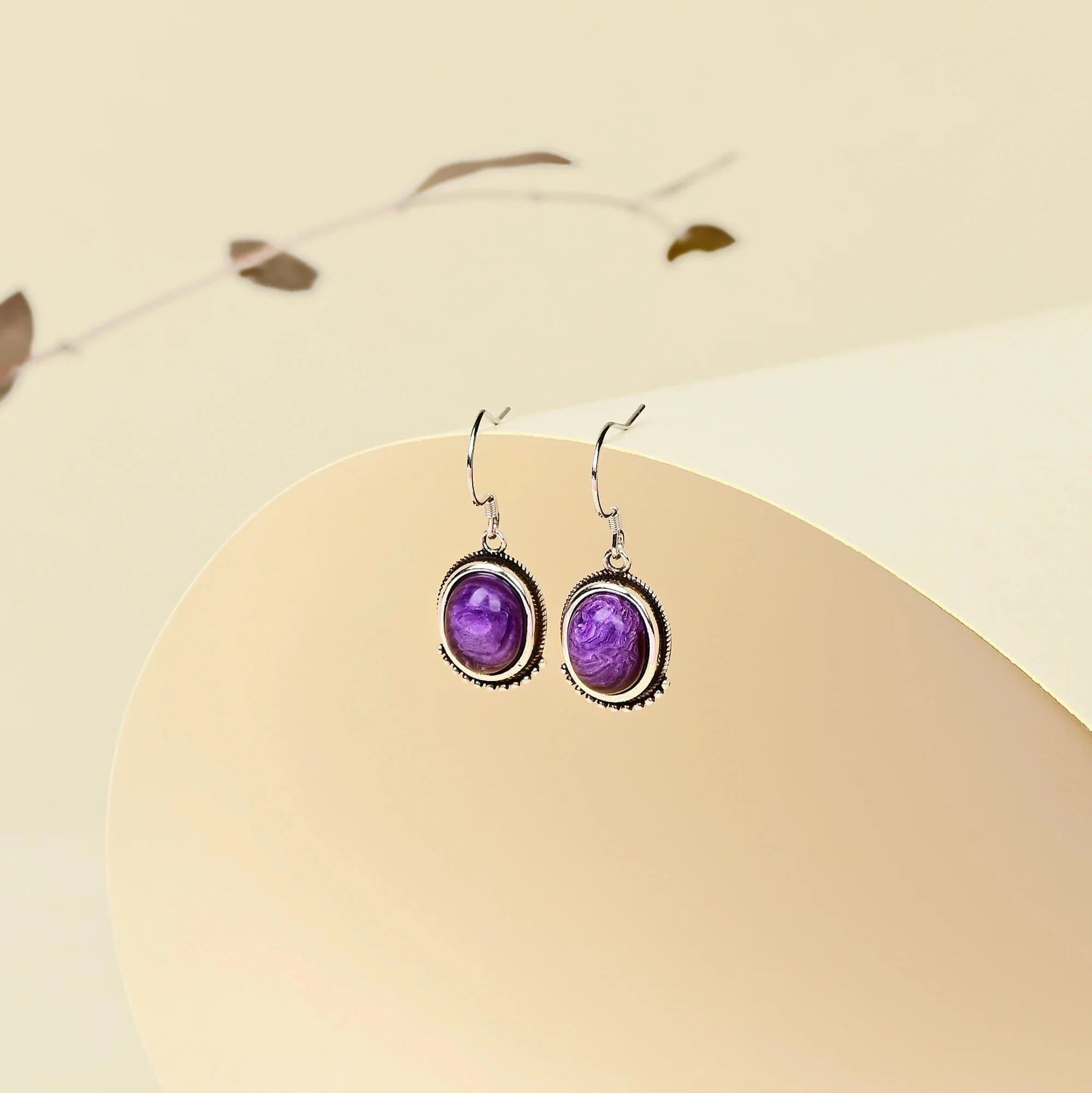 Natural Charoite Sterling Silver Drop Earrings - Glova