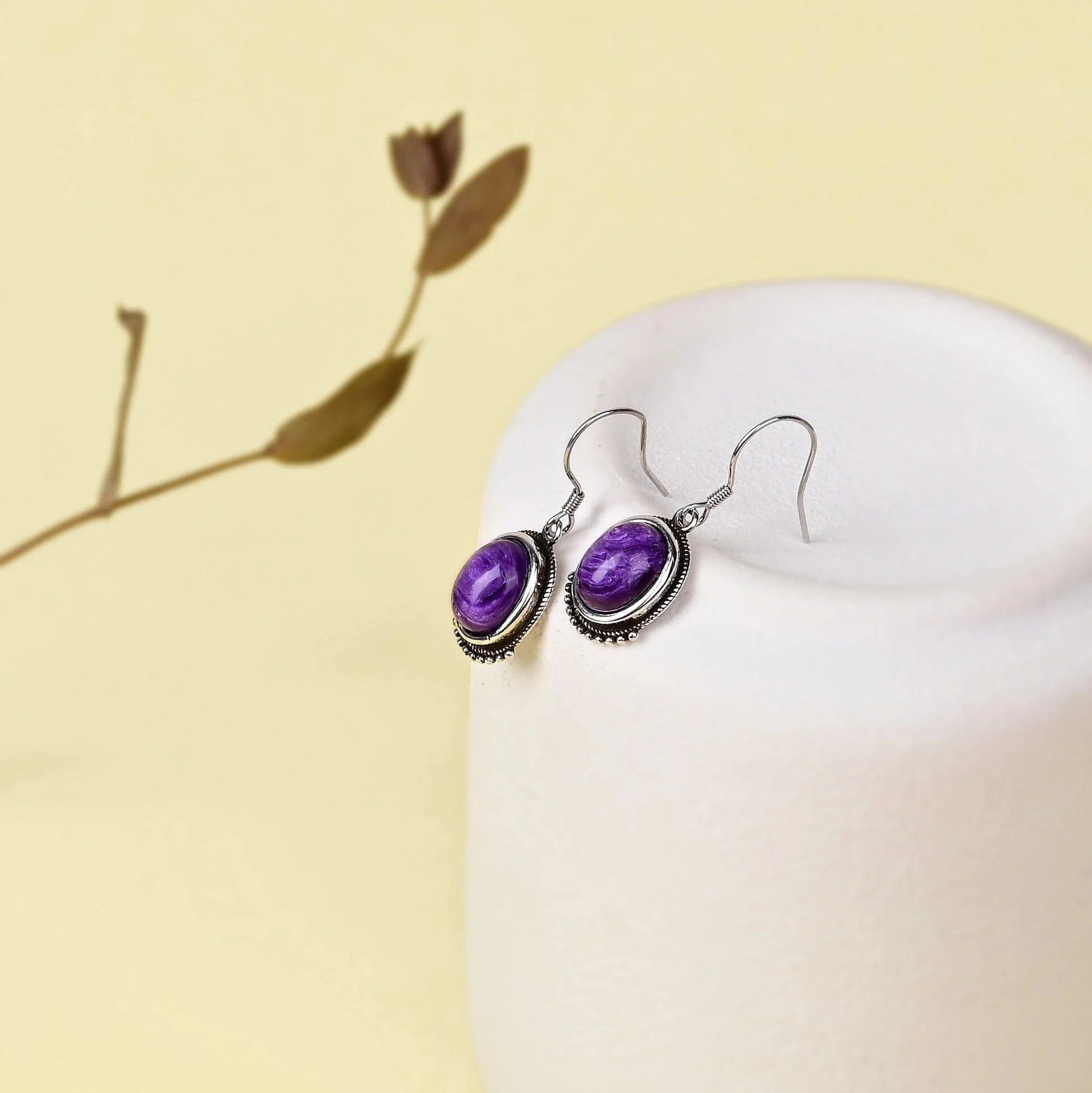 Natural Charoite Sterling Silver Drop Earrings - Glova