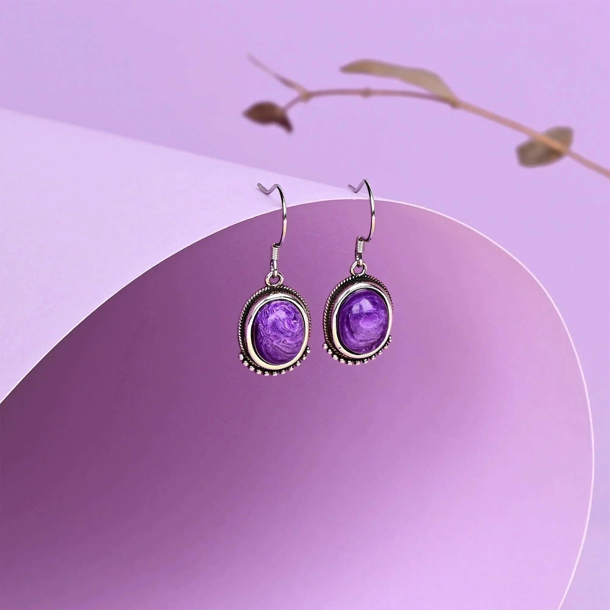 Natural Charoite Sterling Silver Drop Earrings - Glova