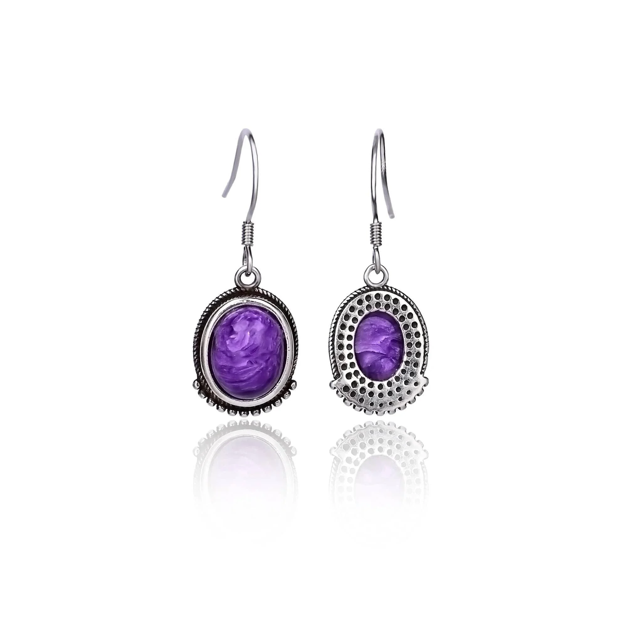 Natural Charoite Sterling Silver Drop Earrings - Glova