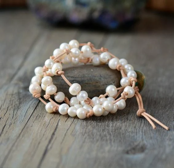 Natural Genuine Freshwater White Pearl Leather Wrap Bracelet - Glova