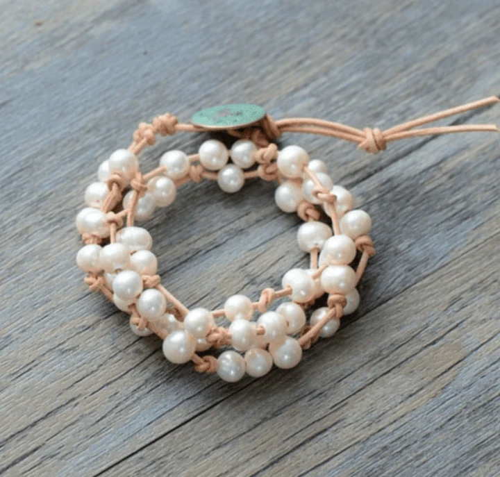 Natural Genuine Freshwater White Pearl Leather Wrap Bracelet - Glova