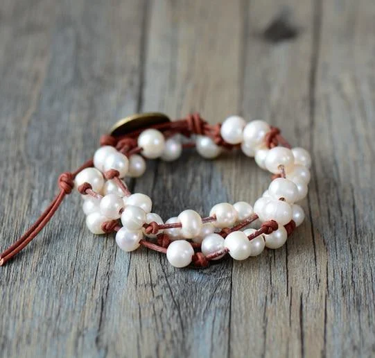 Natural Genuine Freshwater White Pearl Leather Wrap Bracelet - Glova