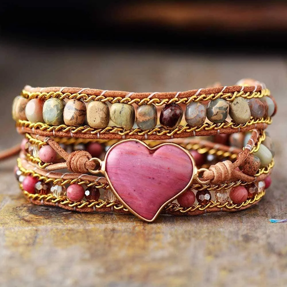 Natural Rhodonite Heart Shaped Bracelet - Glova