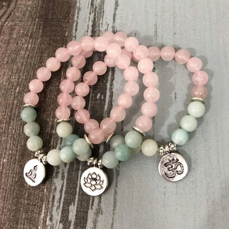 Natural Rose Quartz & Amazonite Gemstone Bead Mala Bracelet - Glova